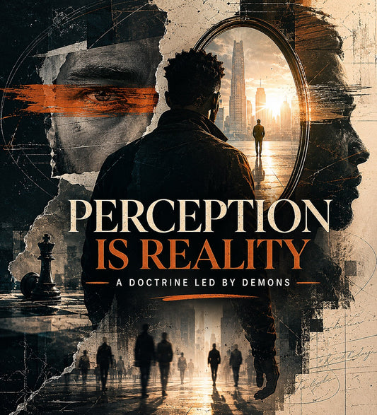Conceptual artwork for "Perception Is Reality": A Doctrine Led by Demons, depicting distorted perception, reflection, and spiritual deception.