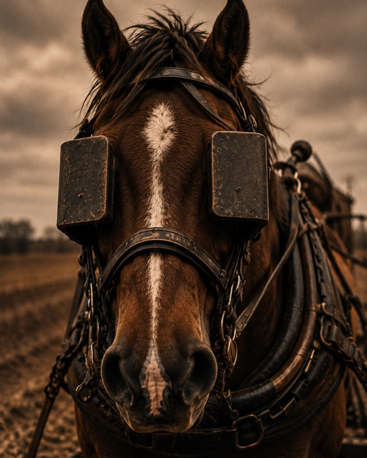 The Parable of the Blind Workhorse - A blindfolded workhorse wearing heavy harness gear stands in a field beneath a dark, overcast sky, symbolizing limited vision and being led without discernment.