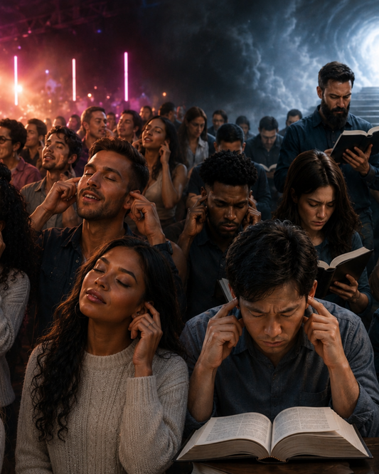 A divided crowd covers their ears, with one side surrounded by entertainment and bright stage lights and the other gathered around open Bibles, illustrating the contrast between desired messages and biblical truth.