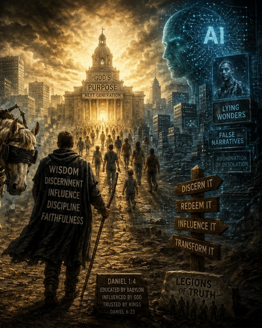 A symbolic scene contrasts a burdened church and media-driven culture with artificial intelligence, while people walk toward a brightly luminated church representing God’s purpose.