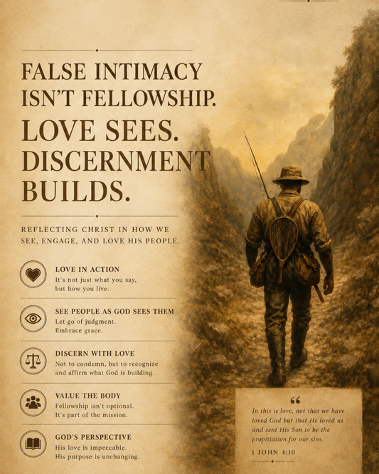 Editorial artwork for “False Intimacy and the Avoidance of True Fellowship,” showing a solitary man walking through nature alongside messages about love, discernment, fellowship, and seeing others through God’s perspective.